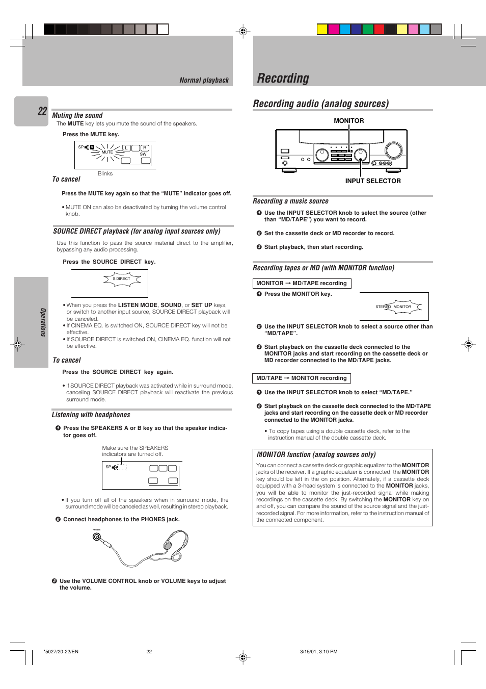 Recording, Recording audio (analog sources), Muting the sound | Recording a music source, Recording tapes or md (with monitor function), Monitor function (analog sources only), Normal playback, Listening with headphones | Kenwood VR-507 User Manual | Page 22 / 48