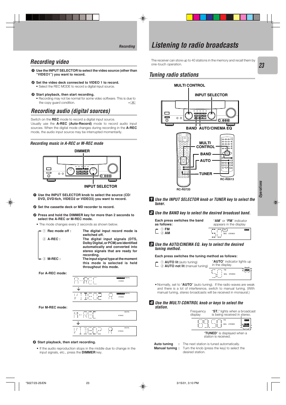 Recording video, Recording audio (digital sources), Listening to radio broadcasts | Tuning radio stations, Recording music in a-rec or m-rec mode, Operations, Recording input selector dimmer | Kenwood VR-507 User Manual | Page 23 / 48