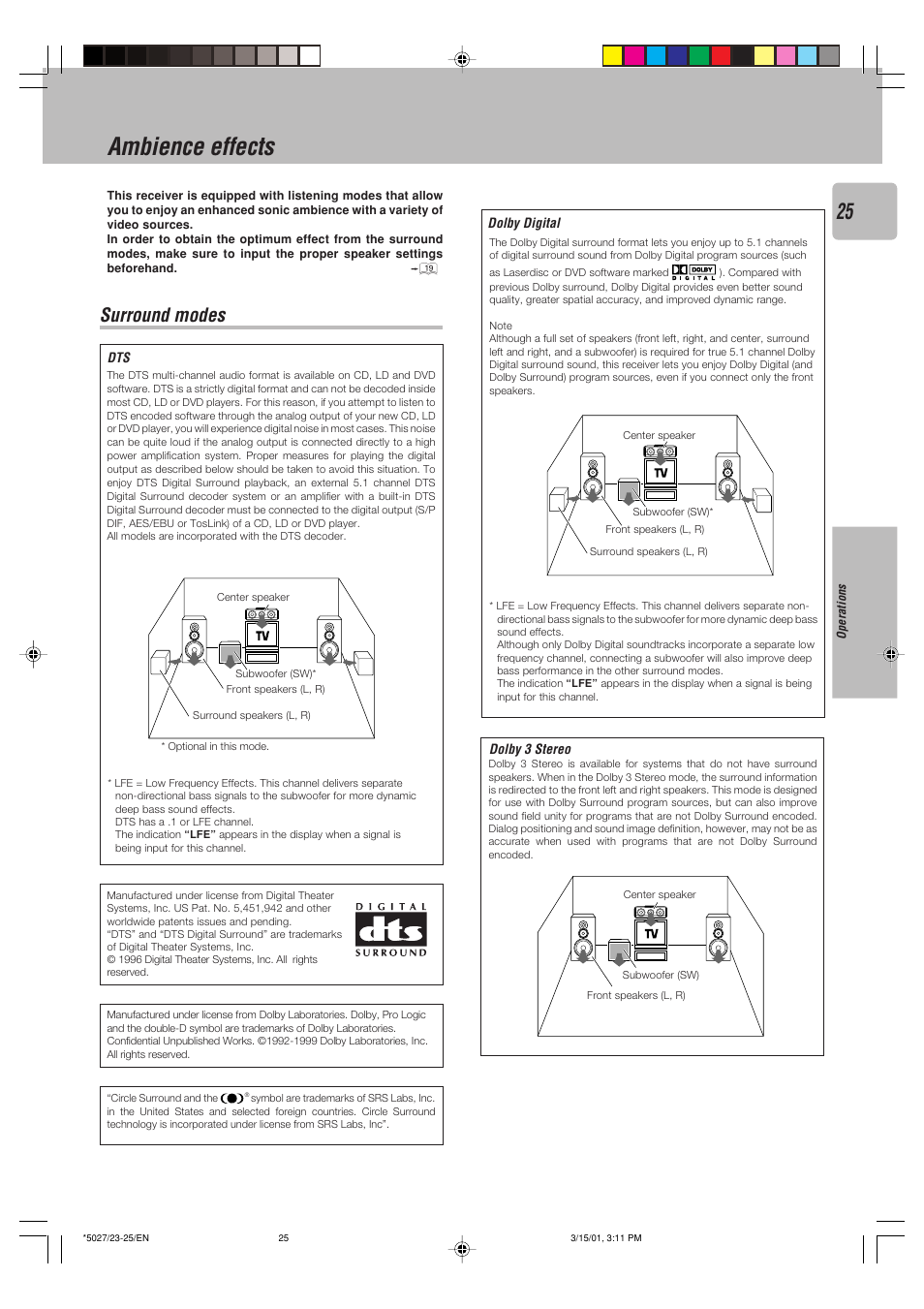 Ambience effects, Surround modes | Kenwood VR-507 User Manual | Page 25 / 48