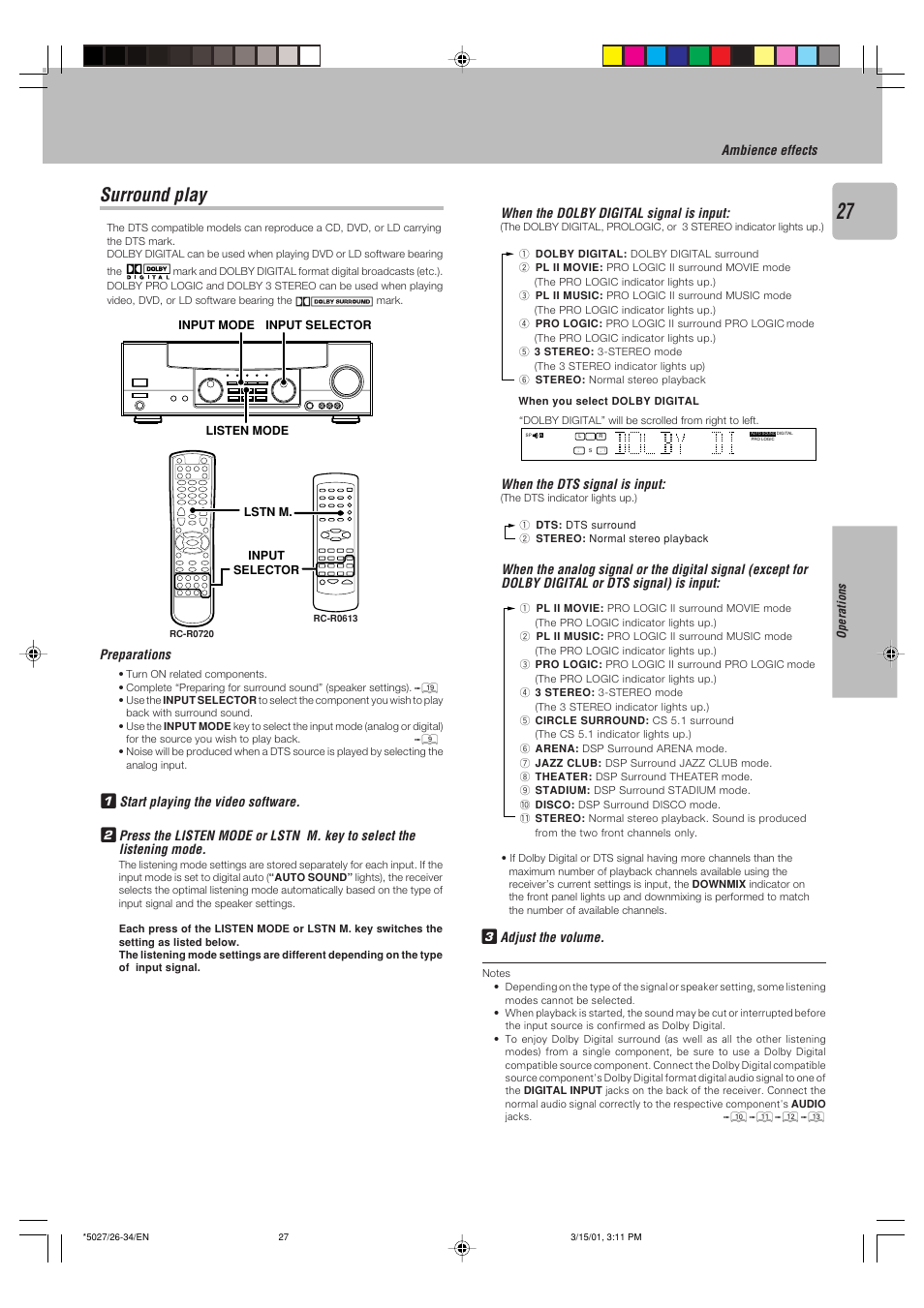 Surround play, Preparations, Start playing the video software | When the dts signal is input, Adjust the volume, When the dolby digital signal is input, Ambience effects | Kenwood VR-507 User Manual | Page 27 / 48