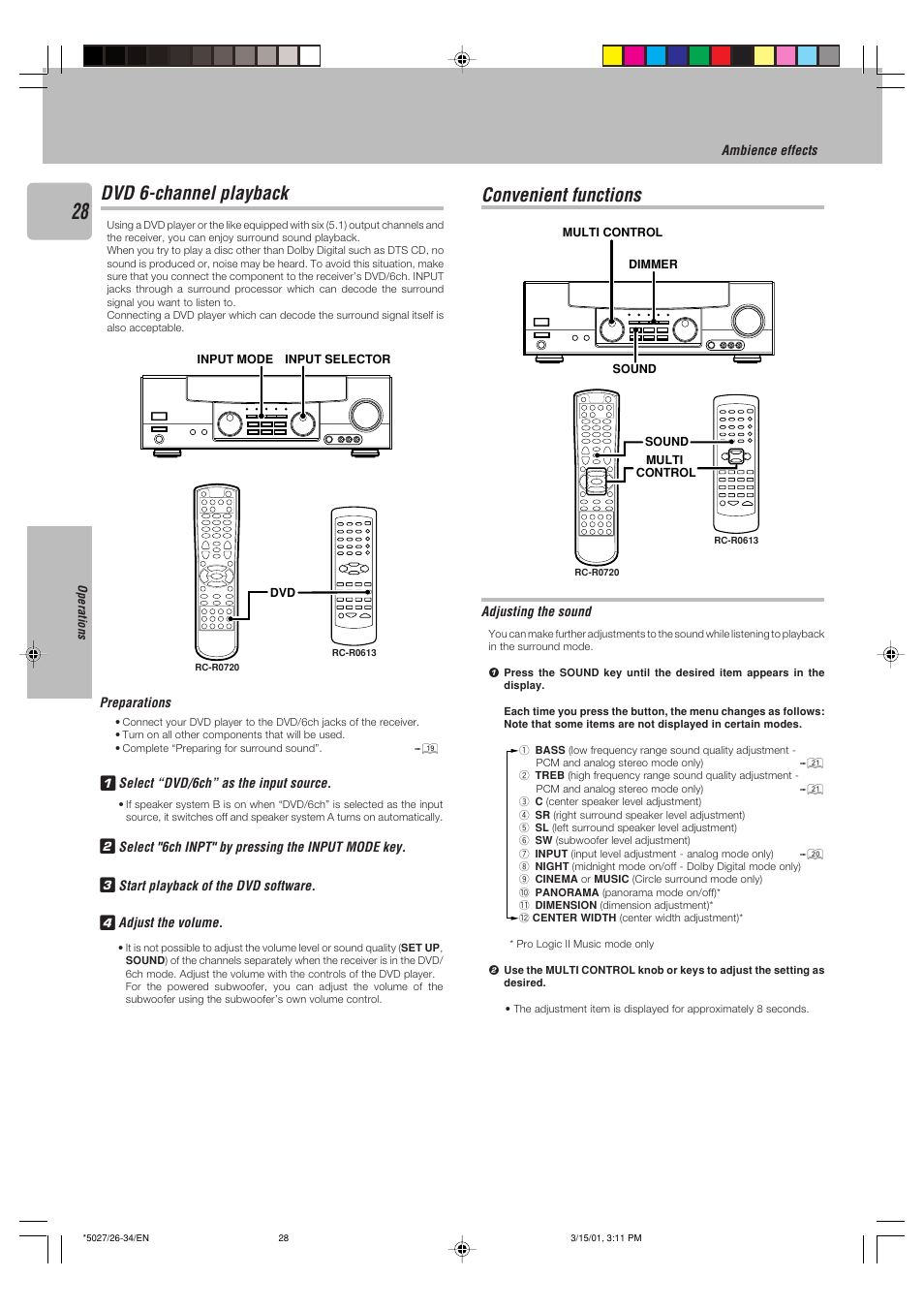 Dvd 6-channel playback, Convenient functions, 1dvd 6-channel playback | Kenwood VR-507 User Manual | Page 28 / 48