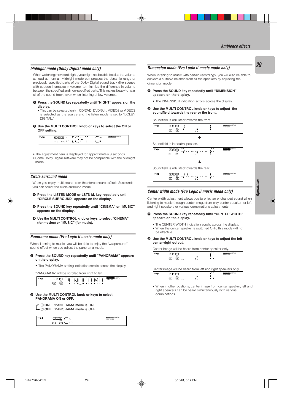 Ambience effects, Circle surround mode, Midnight mode (dolby digital mode only) | Panorama mode (pro logic ii music mode only), Dimension mode (pro logic ii music mode only), Center width mode (pro logic ii music mode only), Operations, Soundfield is in neutral postion, Soundfield is adjusted towards the rear | Kenwood VR-507 User Manual | Page 29 / 48