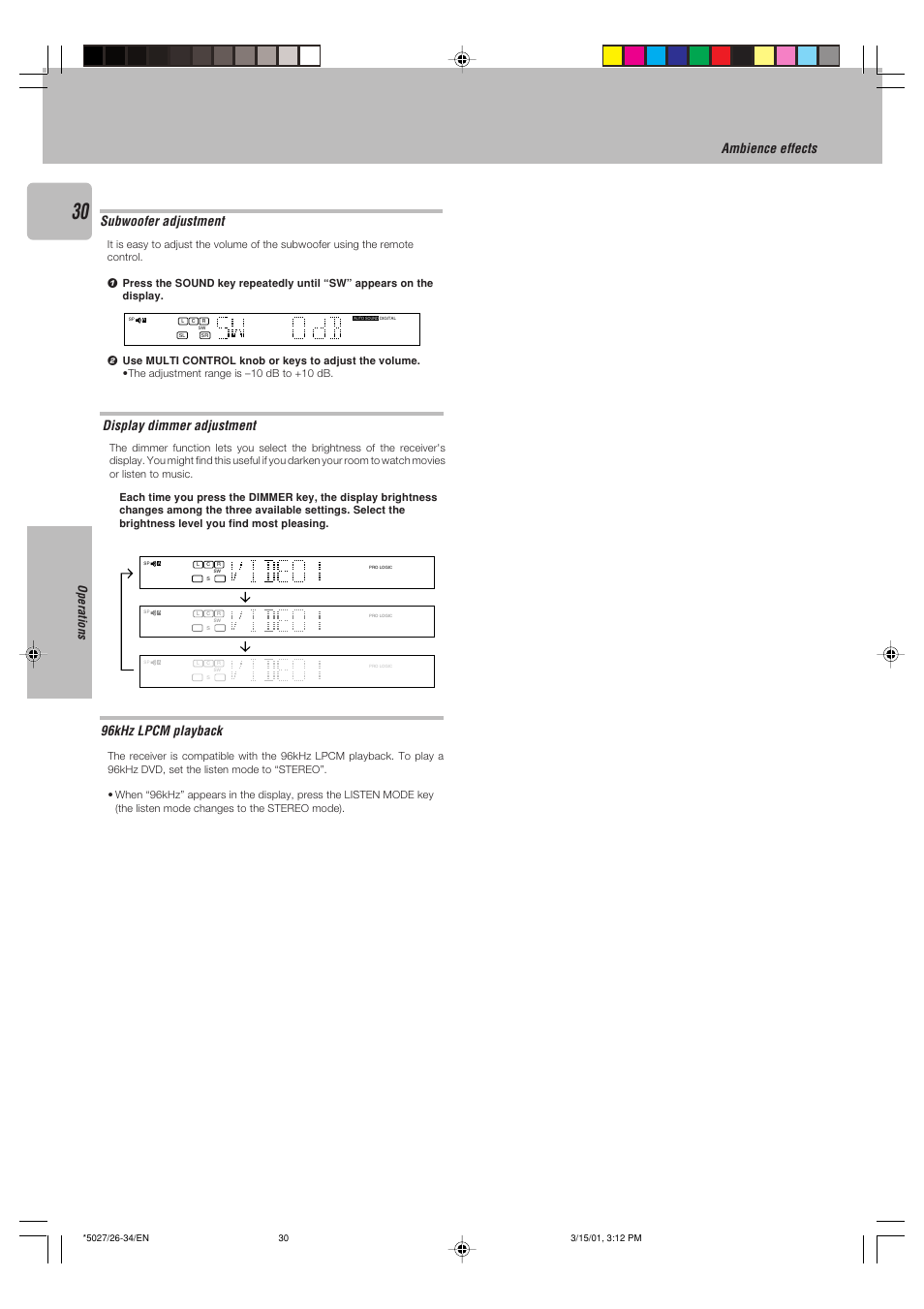 Ambience effects display dimmer adjustment, 96khz lpcm playback, Subwoofer adjustment | Operations | Kenwood VR-507 User Manual | Page 30 / 48