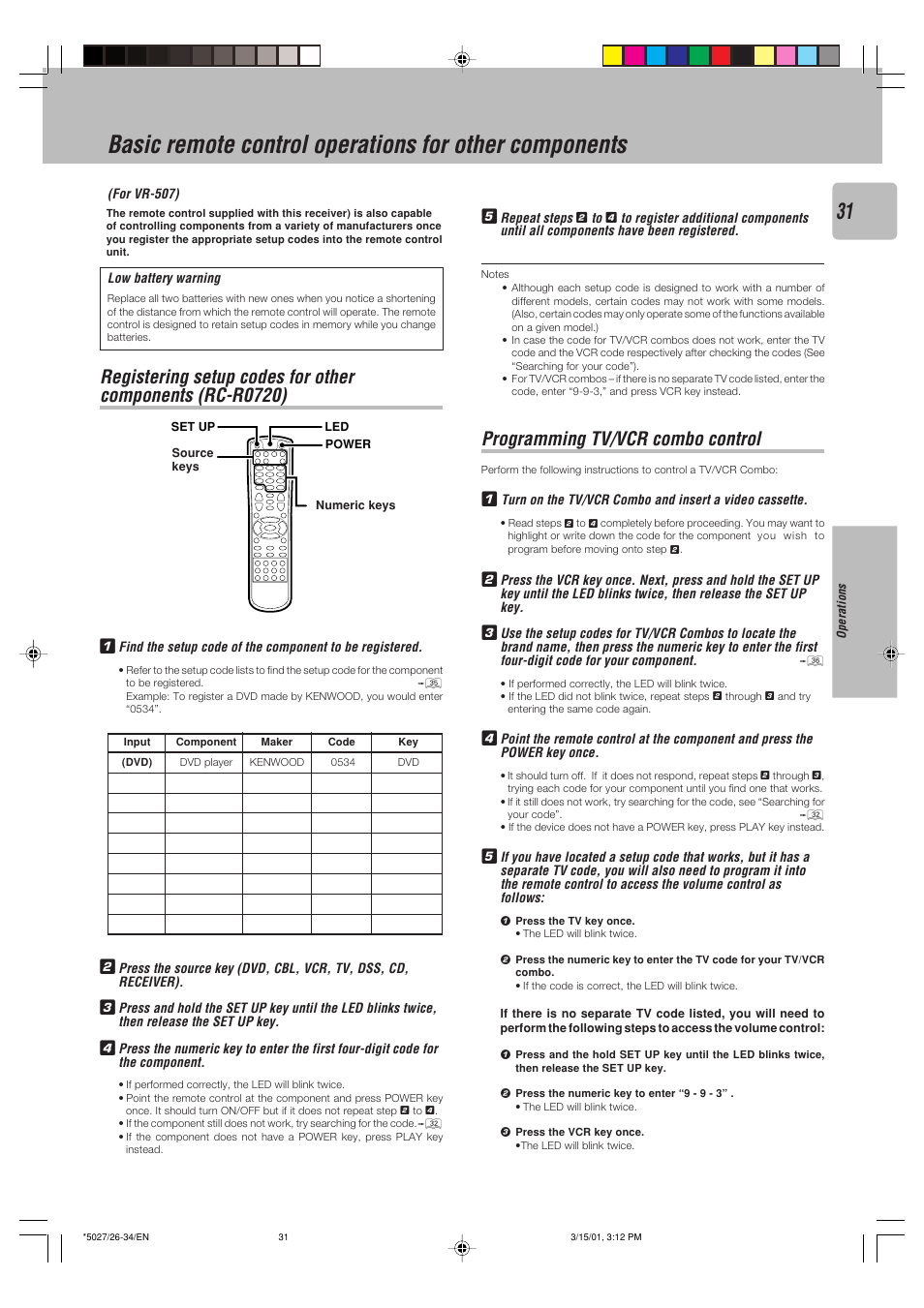 Remote control, Programming tv/vcr combo control | Kenwood VR-507 User Manual | Page 31 / 48