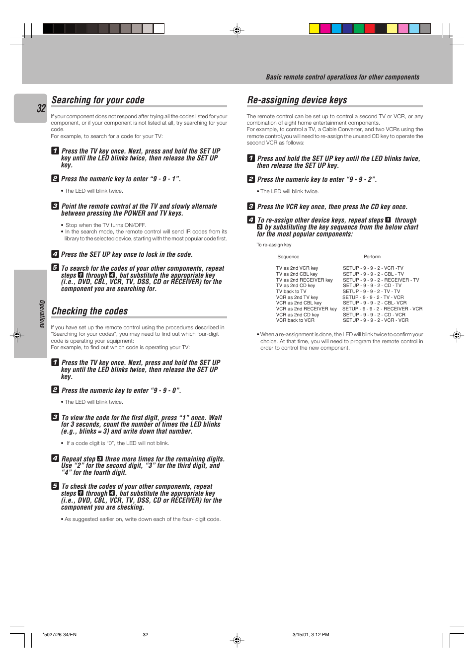 Searching for your code, Checking the codes, Re-assigning device keys | Kenwood VR-507 User Manual | Page 32 / 48