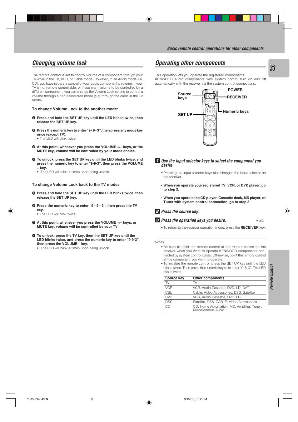 Changing volume lock, Operating other components | Kenwood VR-507 User Manual | Page 33 / 48