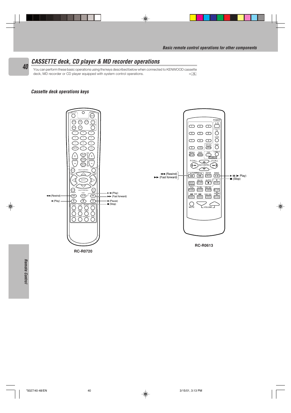 Cassette deck, cd player & md recorder operations, Cassette deck operations keys, Remote control | Kenwood VR-507 User Manual | Page 40 / 48