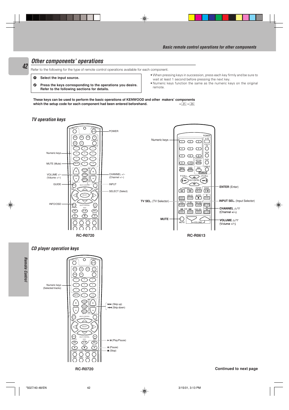Other components’ operations, Tv operation keys, Cd player operation keys | Remote control, Continued to next page, Rc-r0720 | Kenwood VR-507 User Manual | Page 42 / 48