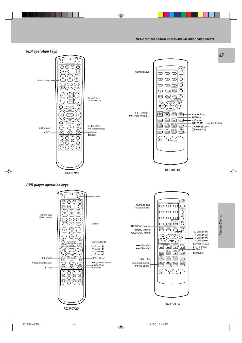 Dvd player operation keys, Vcr operation keys, Remote control | Kenwood VR-507 User Manual | Page 43 / 48