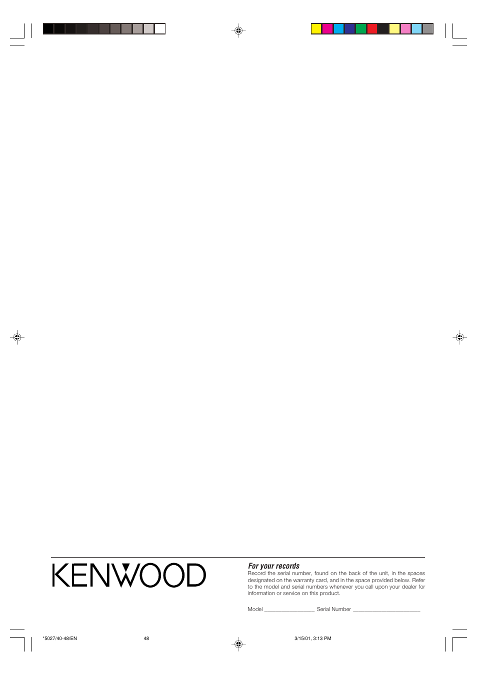 For your records | Kenwood VR-507 User Manual | Page 48 / 48