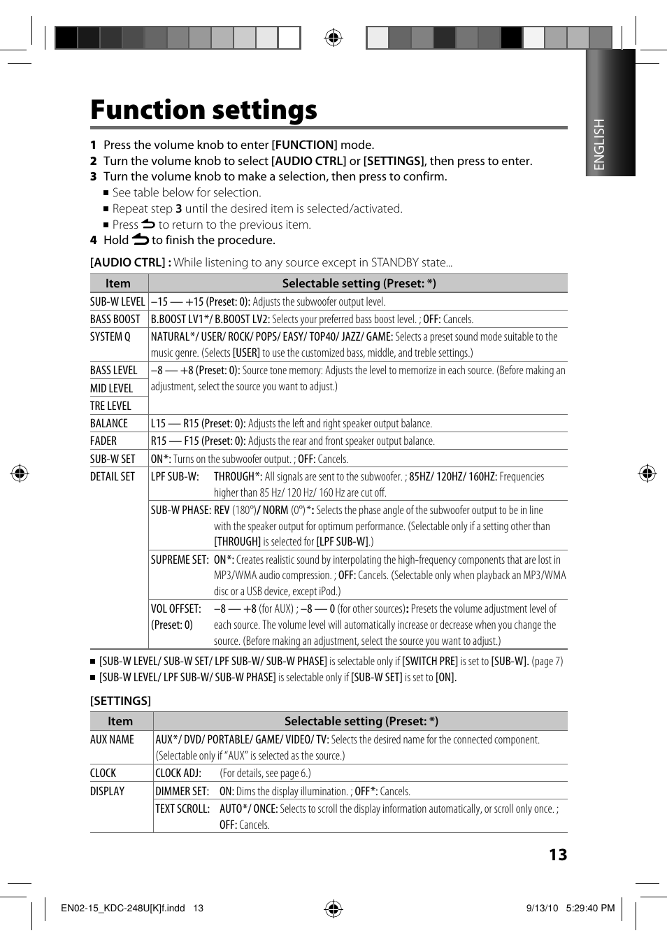 Function settings | Kenwood KDC-208U User Manual | Page 13 / 43