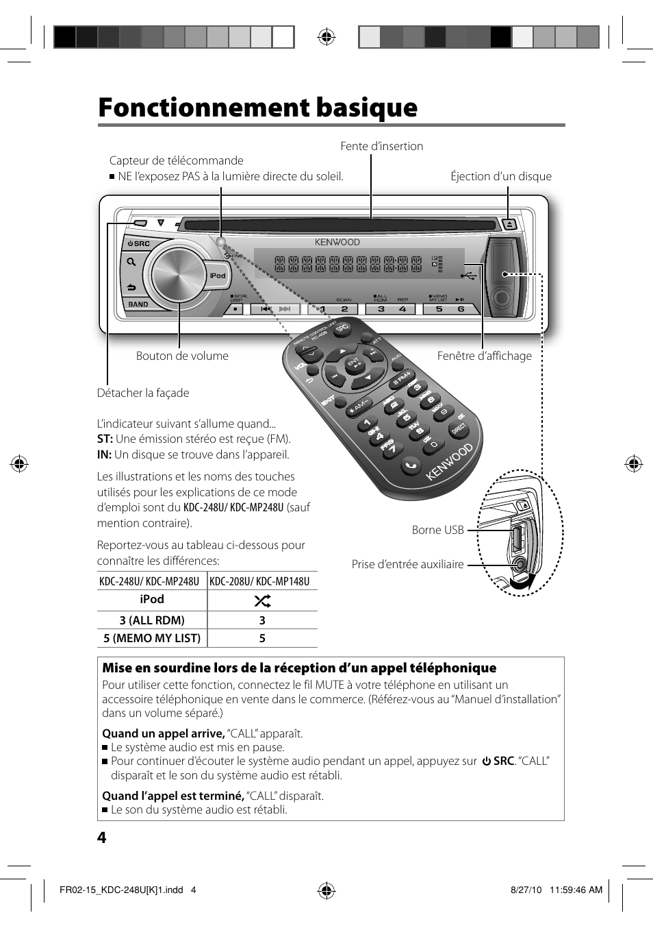 Fonctionnement basique | Kenwood KDC-208U User Manual | Page 18 / 43