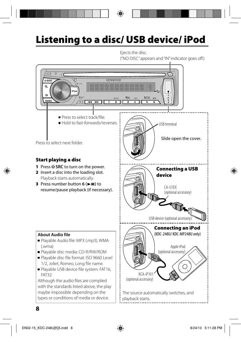 Listening to a disc/ usb device/ ipod | Kenwood KDC-208U User Manual | Page 8 / 43