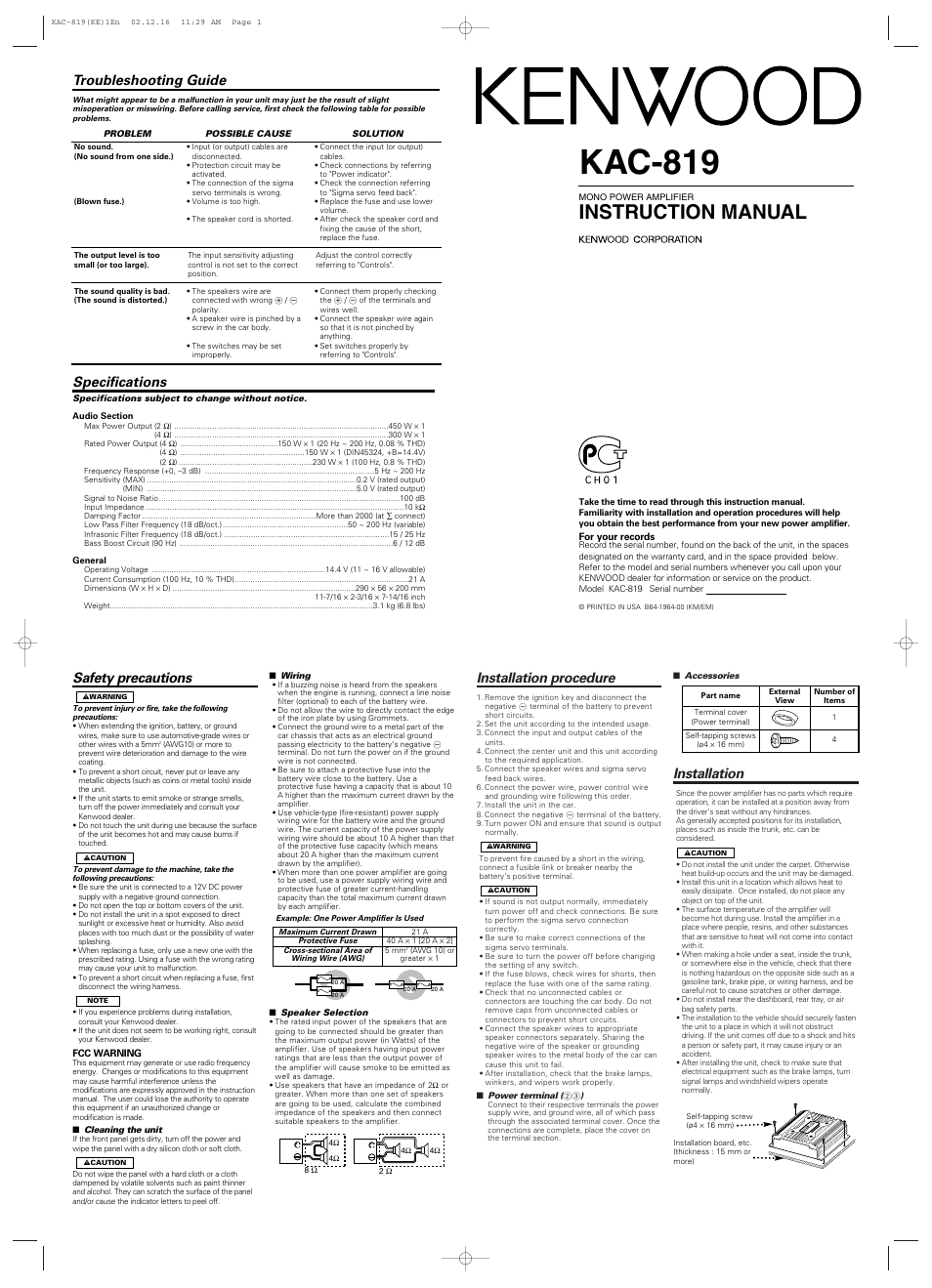 Kenwood kac819 User Manual | 2 pages