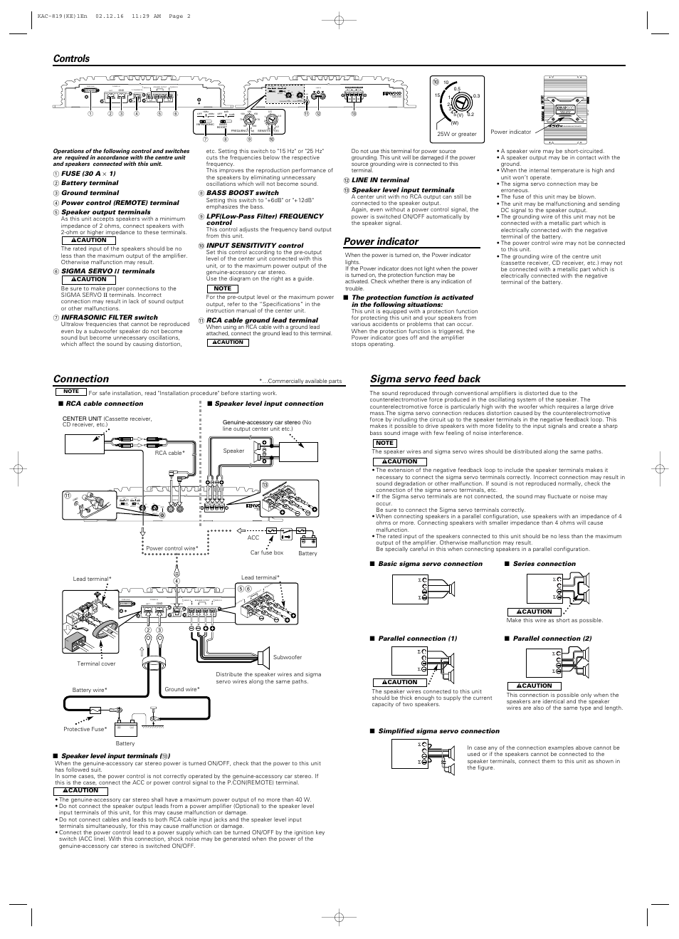 25hz 15hz off infrasonic gnd, Power indicator, Power in fuse (30a) batt | P.con(remote) speaker output, Servo ii, Maximum power, Connection, Sigma servo feed back, Controls | Kenwood kac819 User Manual | Page 2 / 2