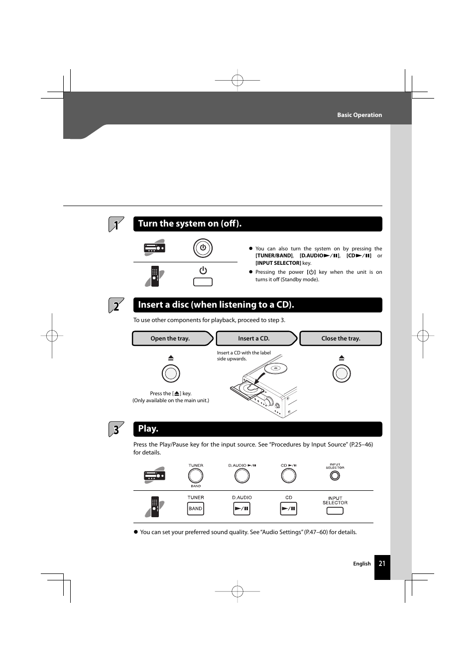 Turn the system on (off ), Insert a disc (when listening to a cd), Play | Kenwood R-K711 User Manual | Page 21 / 80