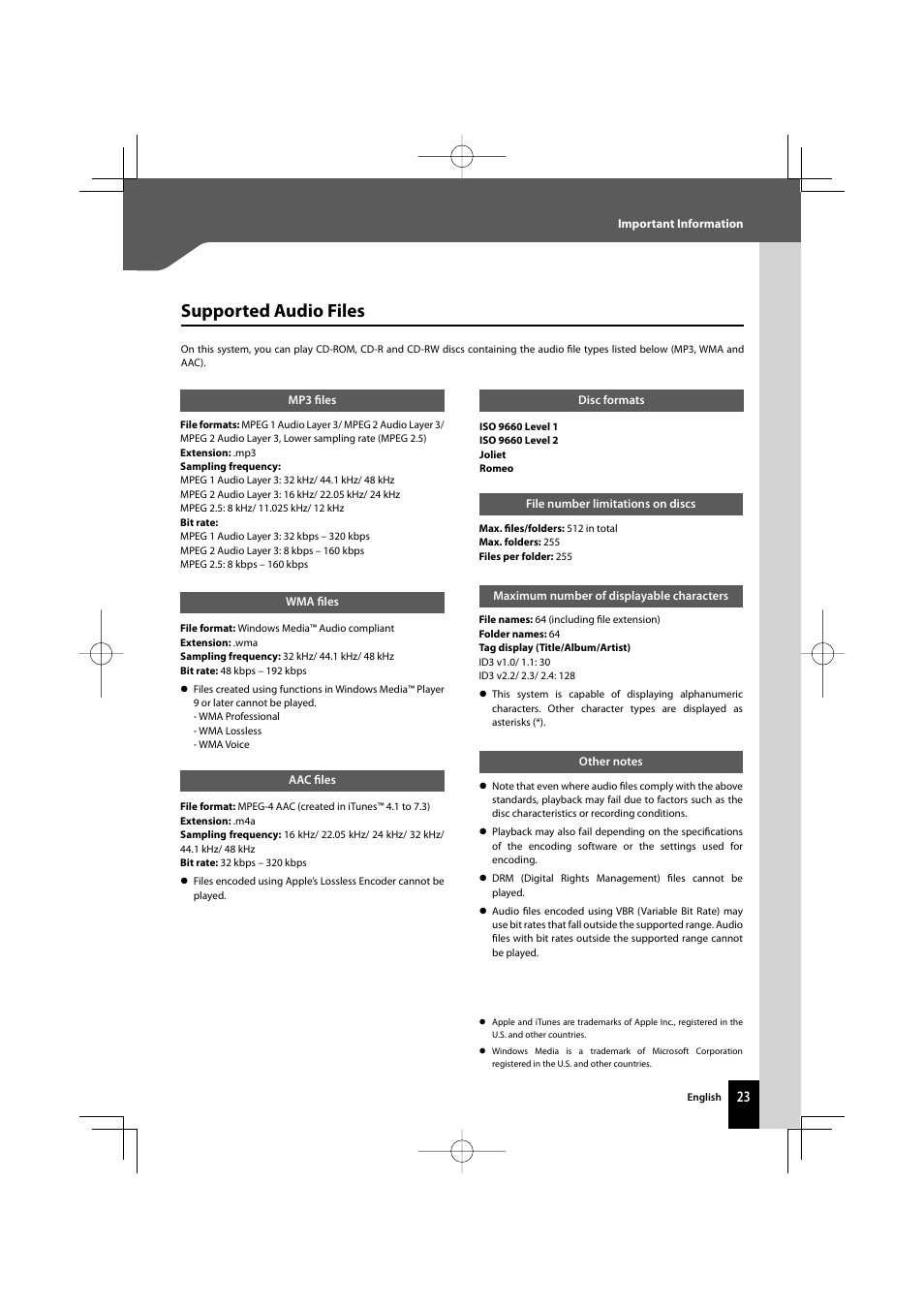 Supported audio files | Kenwood R-K711 User Manual | Page 23 / 80