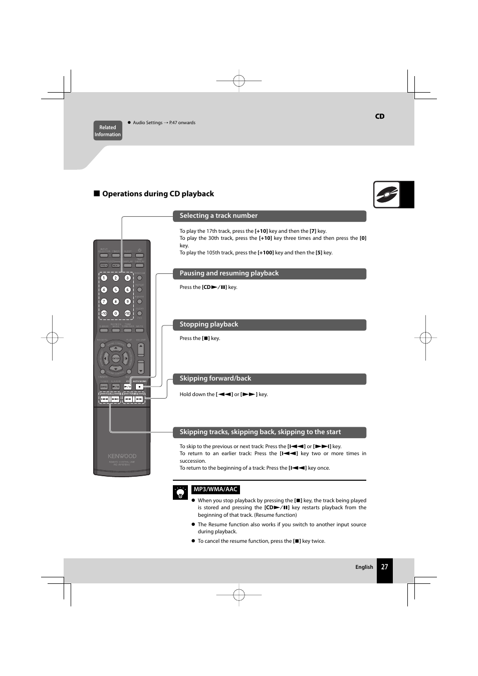 Operations during cd playback | Kenwood R-K711 User Manual | Page 27 / 80