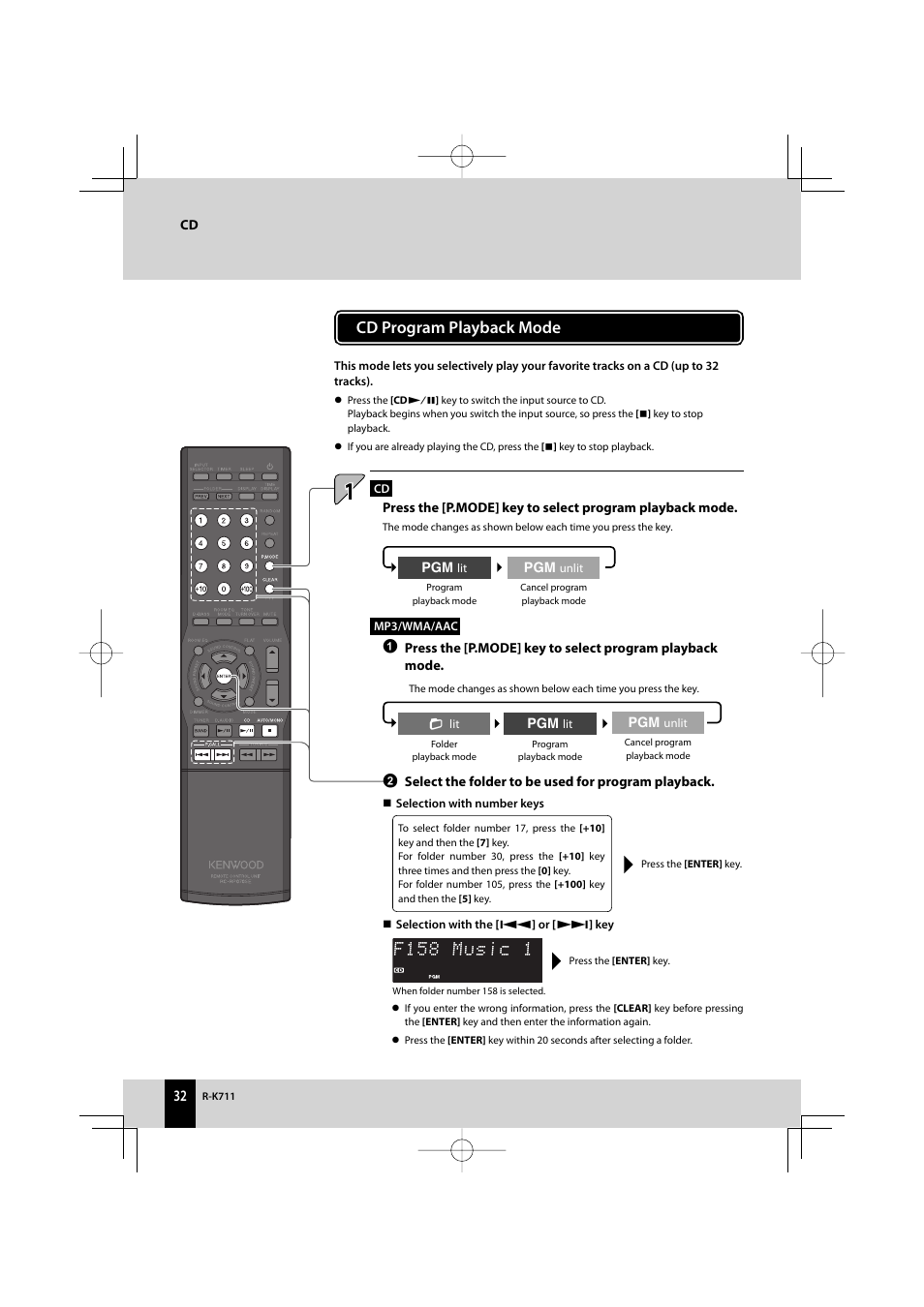 Cd program playback mode | Kenwood R-K711 User Manual | Page 32 / 80