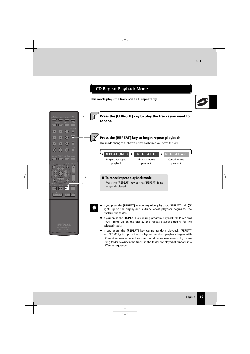 Cd repeat playback mode | Kenwood R-K711 User Manual | Page 35 / 80