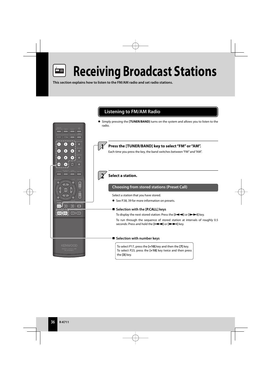 Receiving broadcast stations | Kenwood R-K711 User Manual | Page 36 / 80