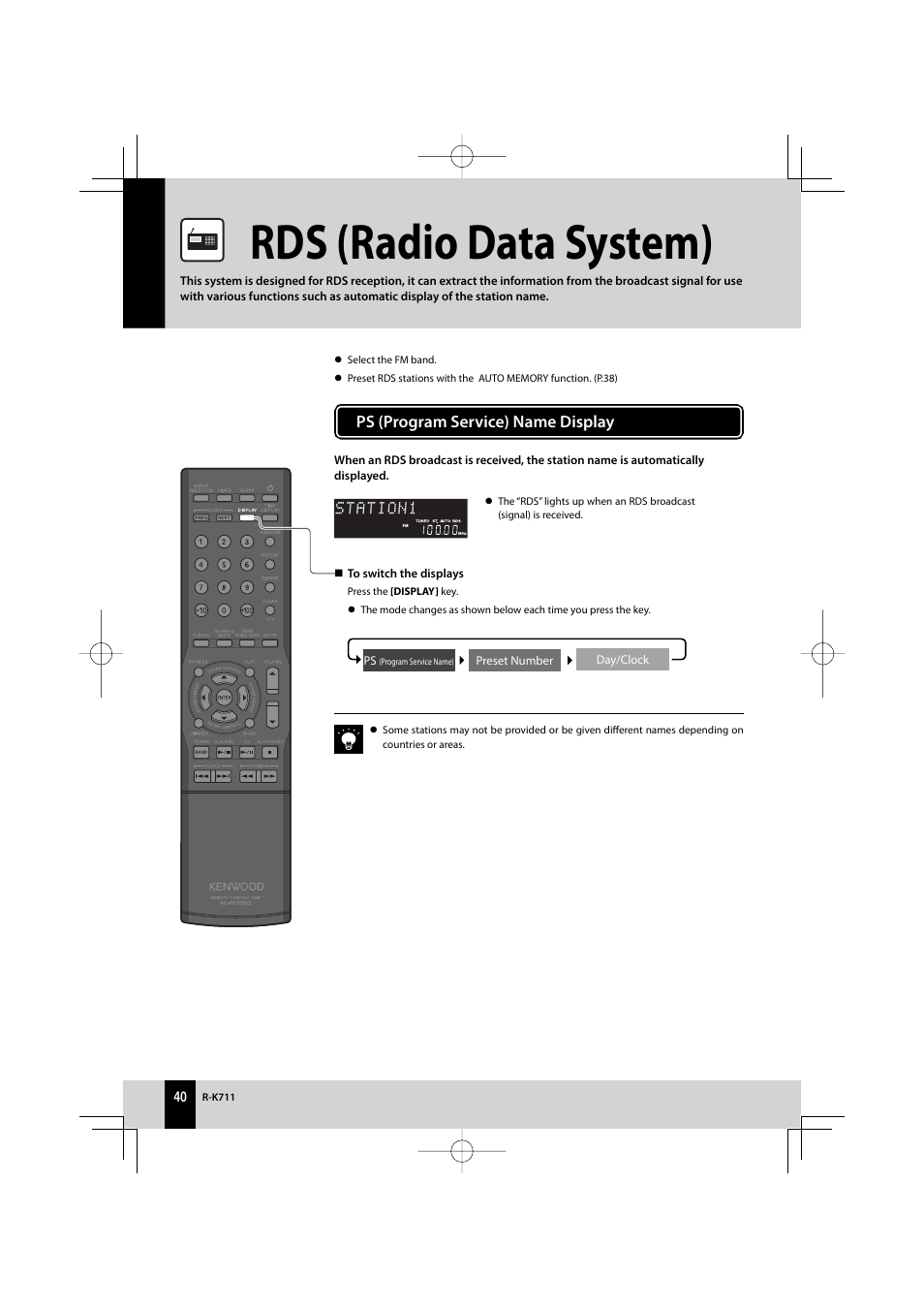 Rds (radio data system), Ps (program service) name display | Kenwood R-K711 User Manual | Page 40 / 80