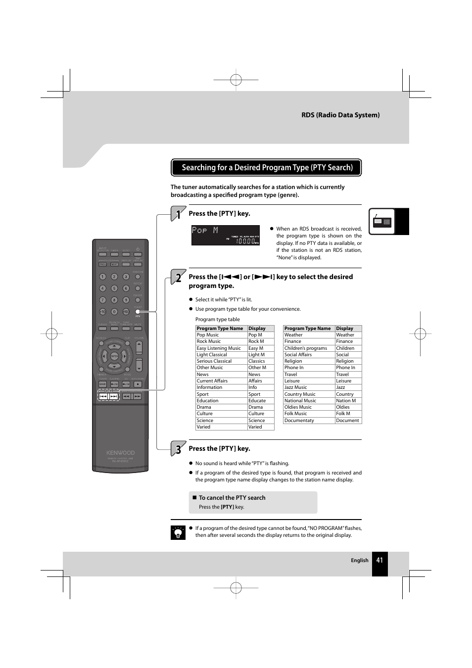 Searching for a desired program type (pty search) | Kenwood R-K711 User Manual | Page 41 / 80