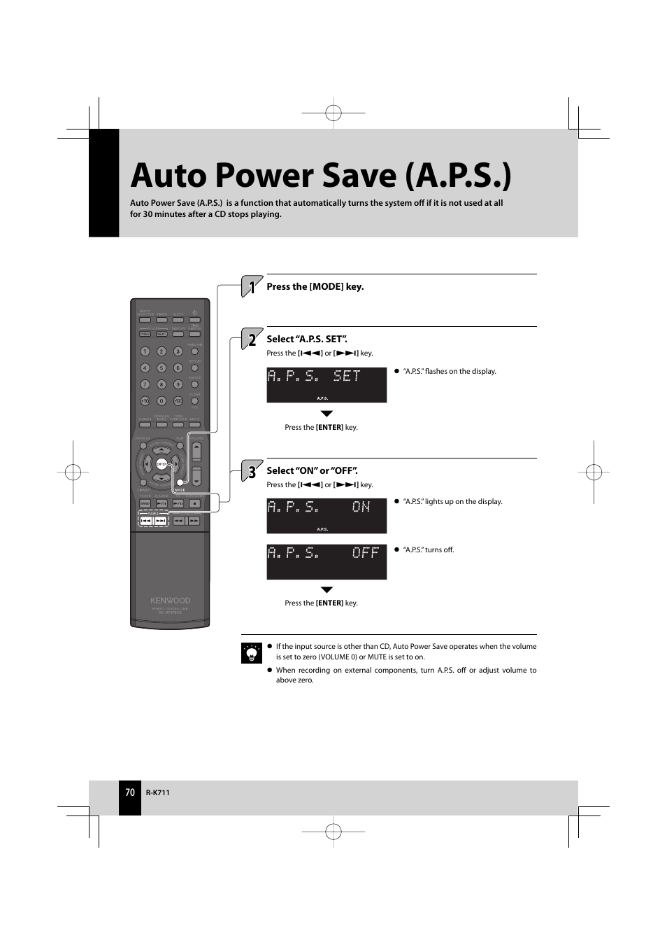 Auto power save (a.p.s.) | Kenwood R-K711 User Manual | Page 70 / 80