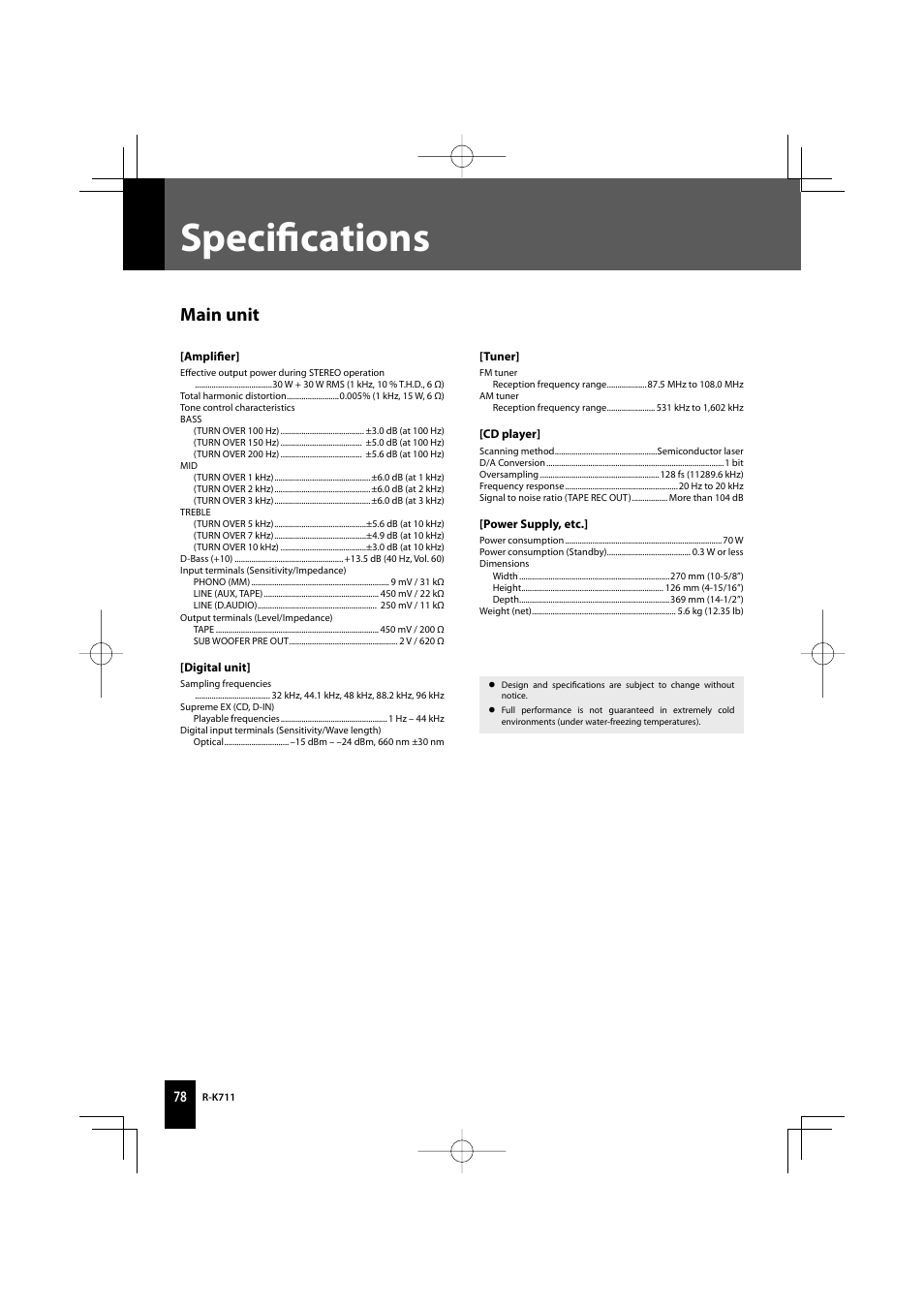 Specifi cations, Main unit | Kenwood R-K711 User Manual | Page 78 / 80