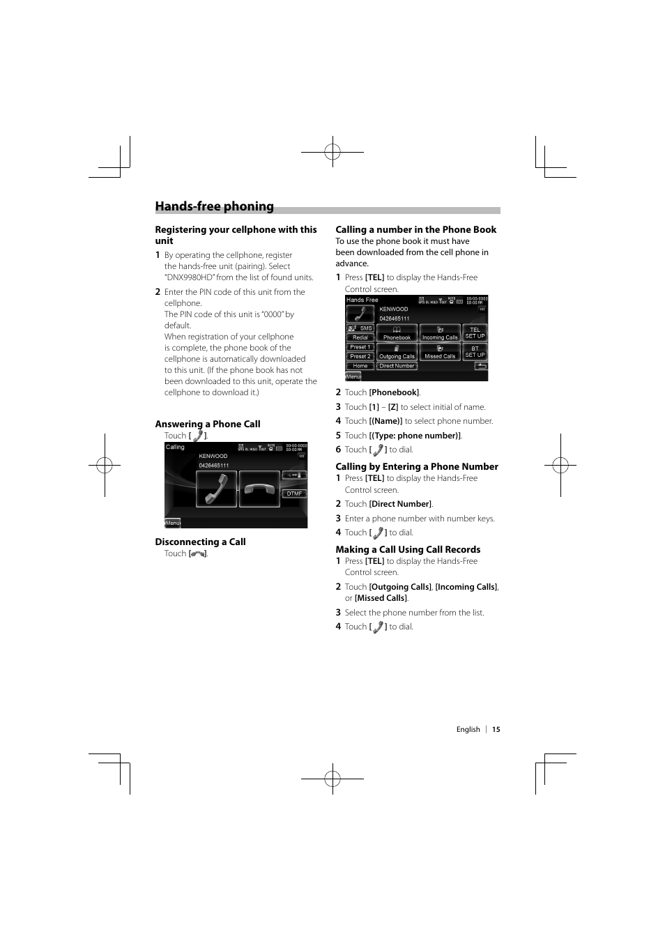 Hands-free phoning | Kenwood DNX9980HD User Manual | Page 15 / 92