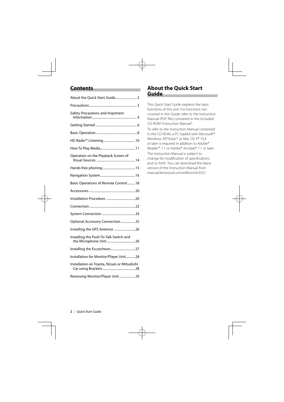 Contents about the quick start guide | Kenwood DNX9980HD User Manual | Page 2 / 92