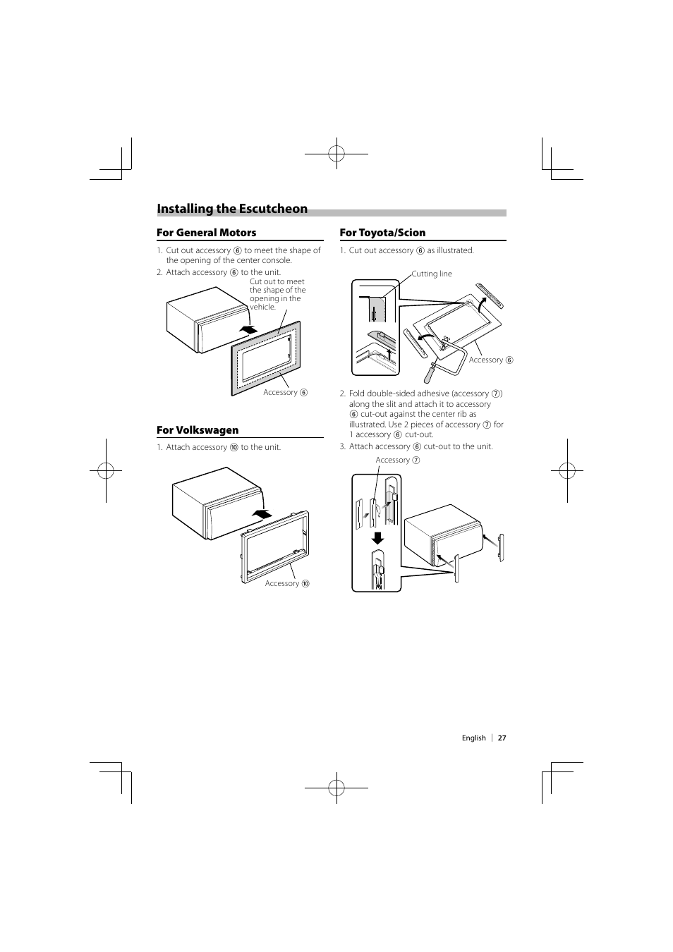 Installing the escutcheon, For toyota/scion, For general motors | For volkswagen | Kenwood DNX9980HD User Manual | Page 27 / 92