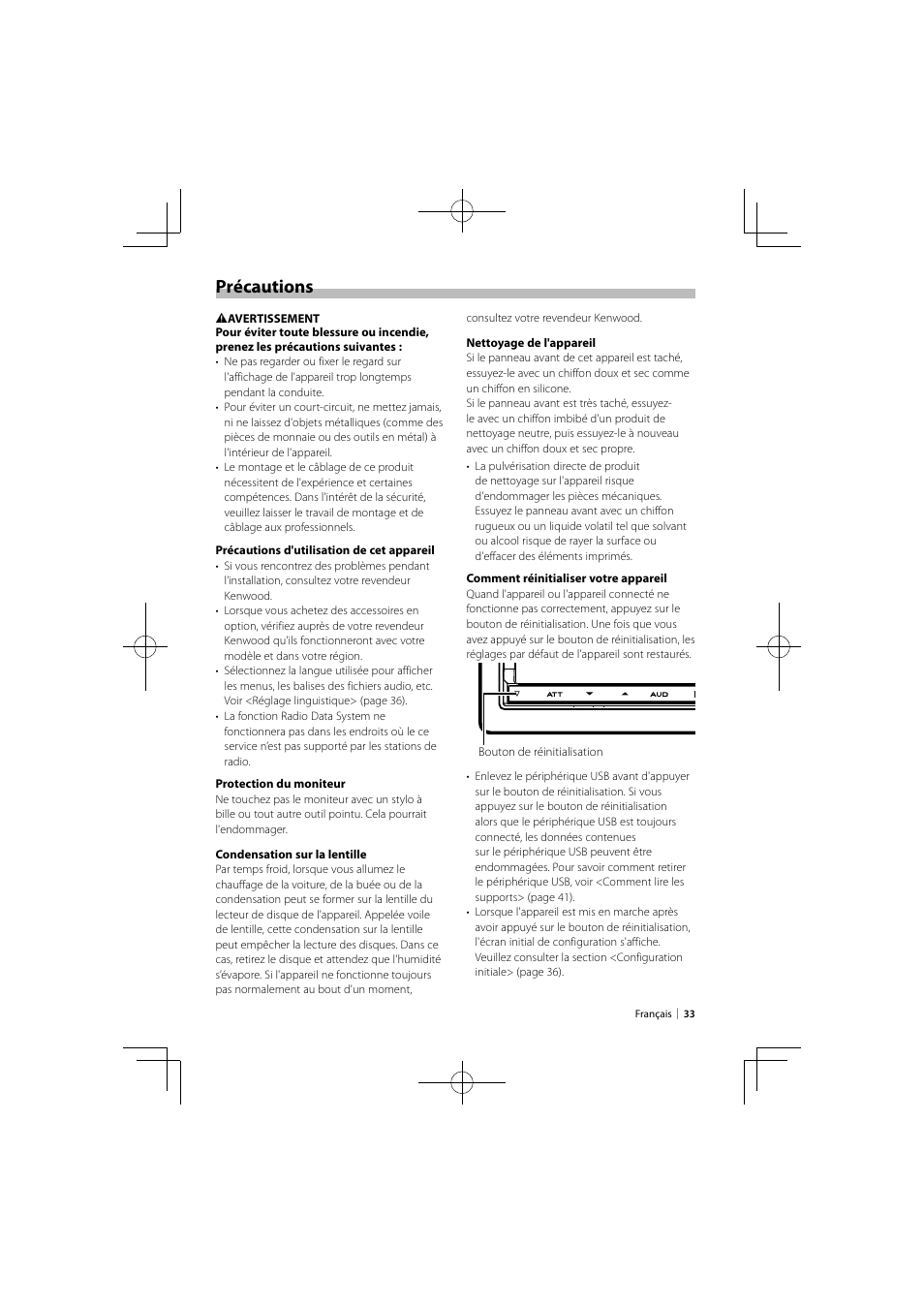 Précautions | Kenwood DNX9980HD User Manual | Page 33 / 92