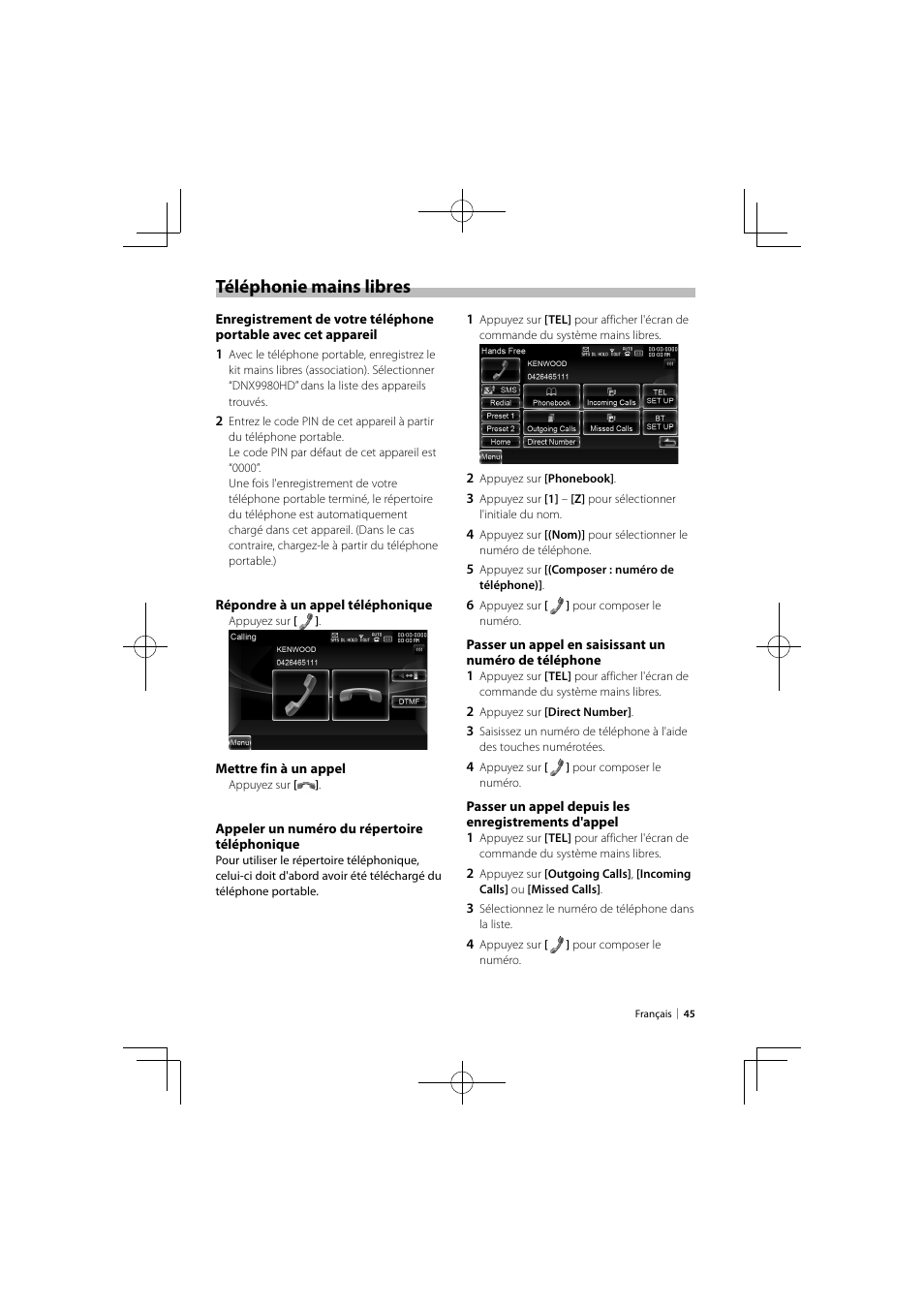 Téléphonie mains libres | Kenwood DNX9980HD User Manual | Page 45 / 92