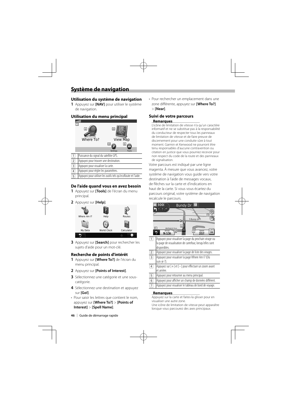 Système de navigation, Utilisation du système de navigation 1, Utilisation du menu principal | De l'aide quand vous en avez besoin 1, Recherche de points d'intérêt 1, Suivi de votre parcours | Kenwood DNX9980HD User Manual | Page 46 / 92