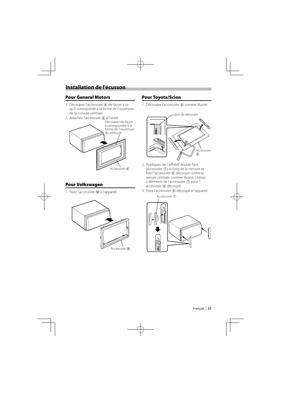 Installation de l'écusson, Pour toyota/scion, Pour general motors | Pour volkswagen | Kenwood DNX9980HD User Manual | Page 57 / 92