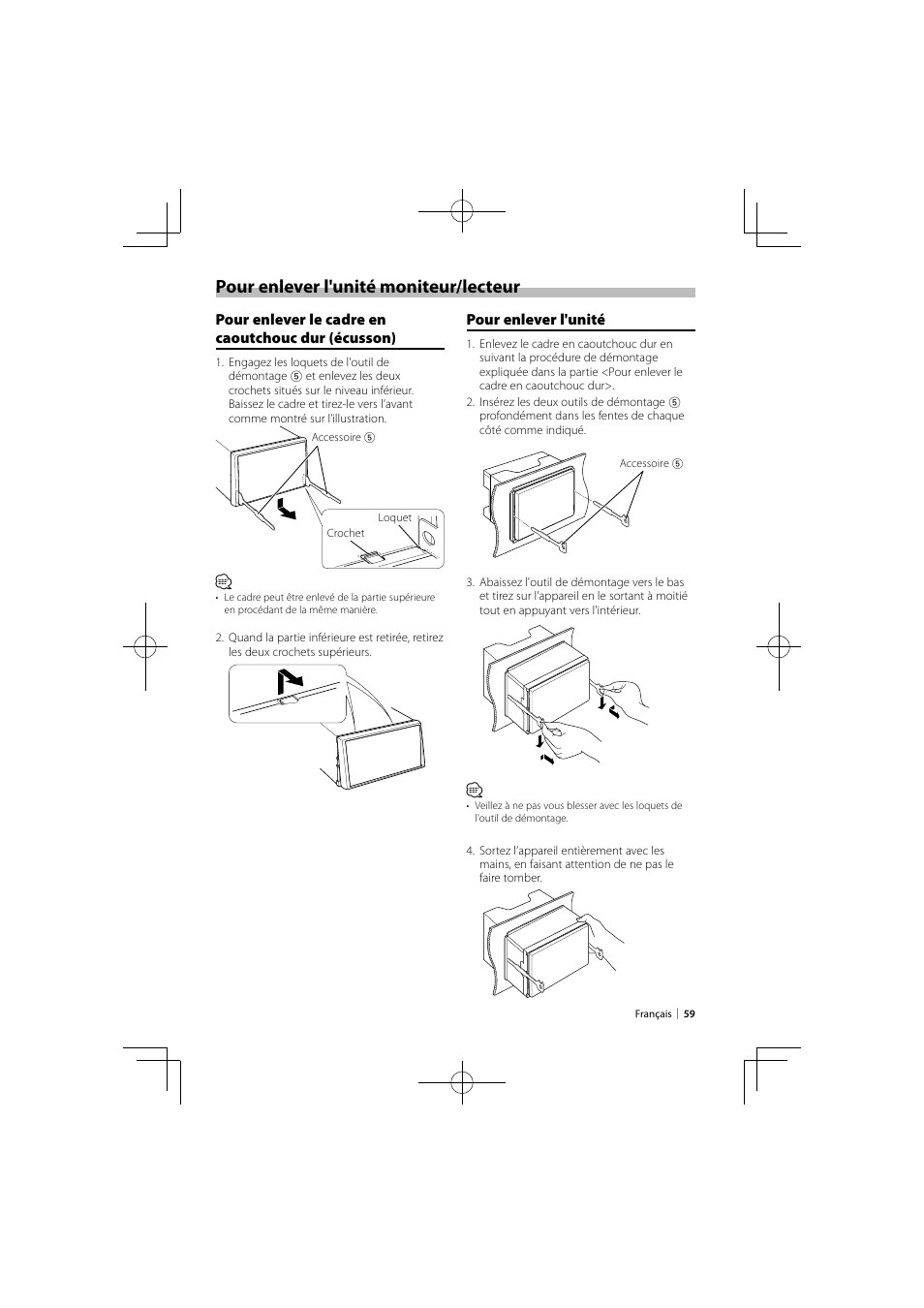 Pour enlever l'unité moniteur/lecteur | Kenwood DNX9980HD User Manual | Page 59 / 92