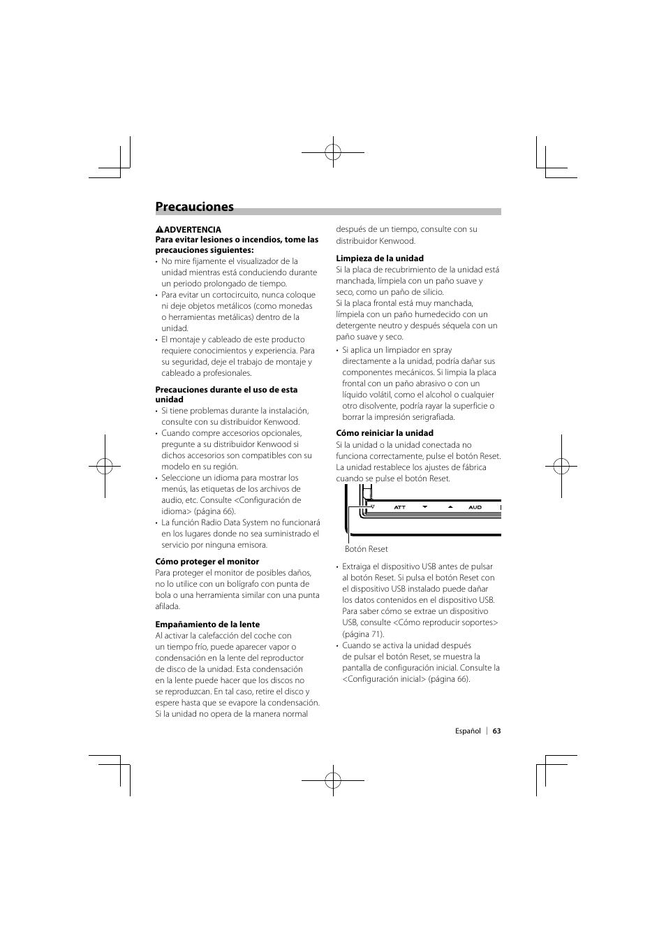 Precauciones | Kenwood DNX9980HD User Manual | Page 63 / 92