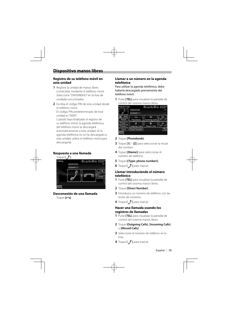 Dispositivo manos libres | Kenwood DNX9980HD User Manual | Page 75 / 92