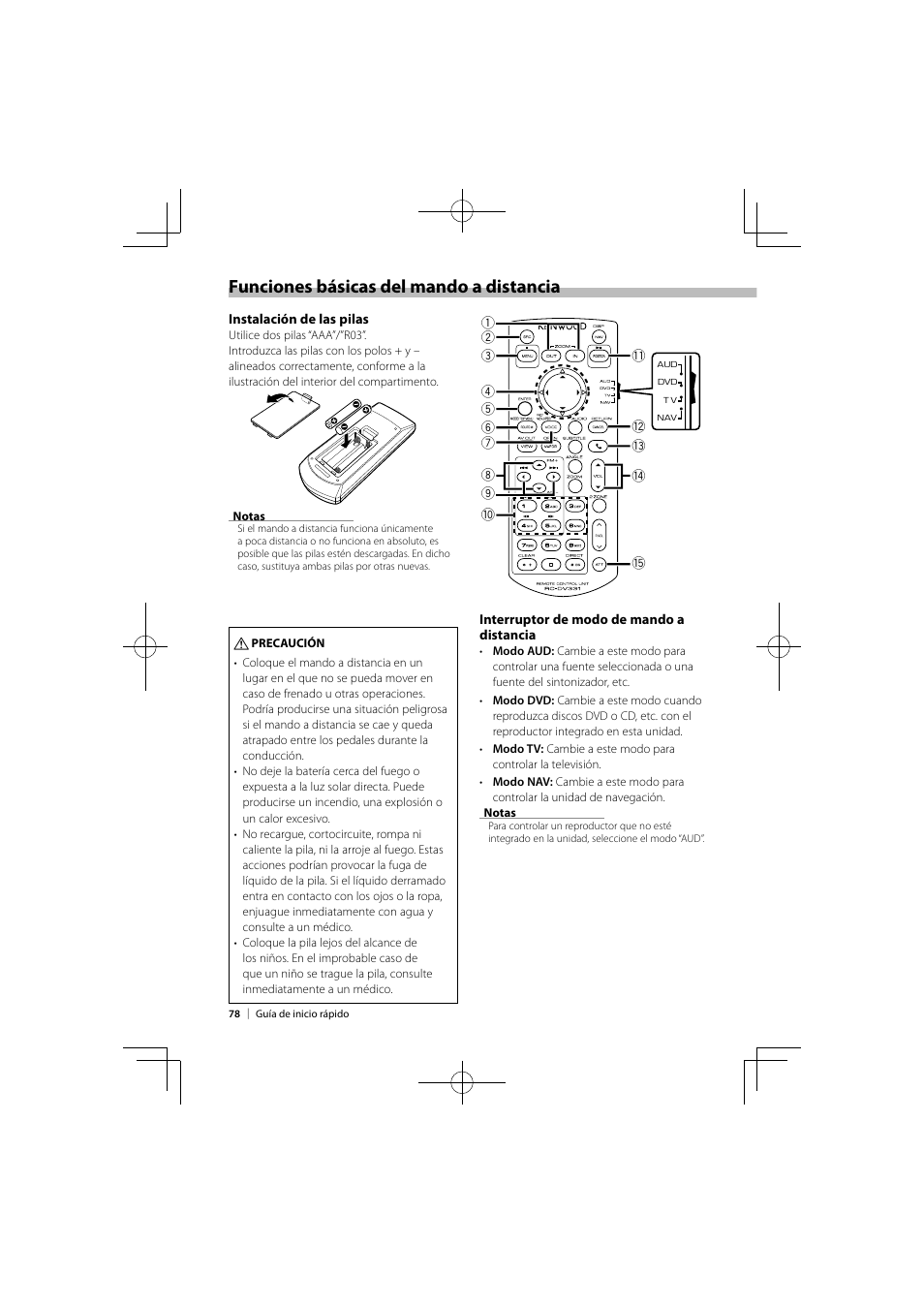 Funciones básicas del mando a distancia | Kenwood DNX9980HD User Manual | Page 78 / 92