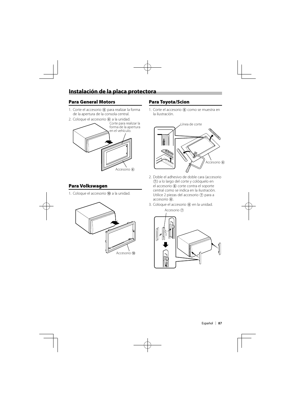 Instalación de la placa protectora, Para toyota/scion, Para general motors | Para volkswagen | Kenwood DNX9980HD User Manual | Page 87 / 92