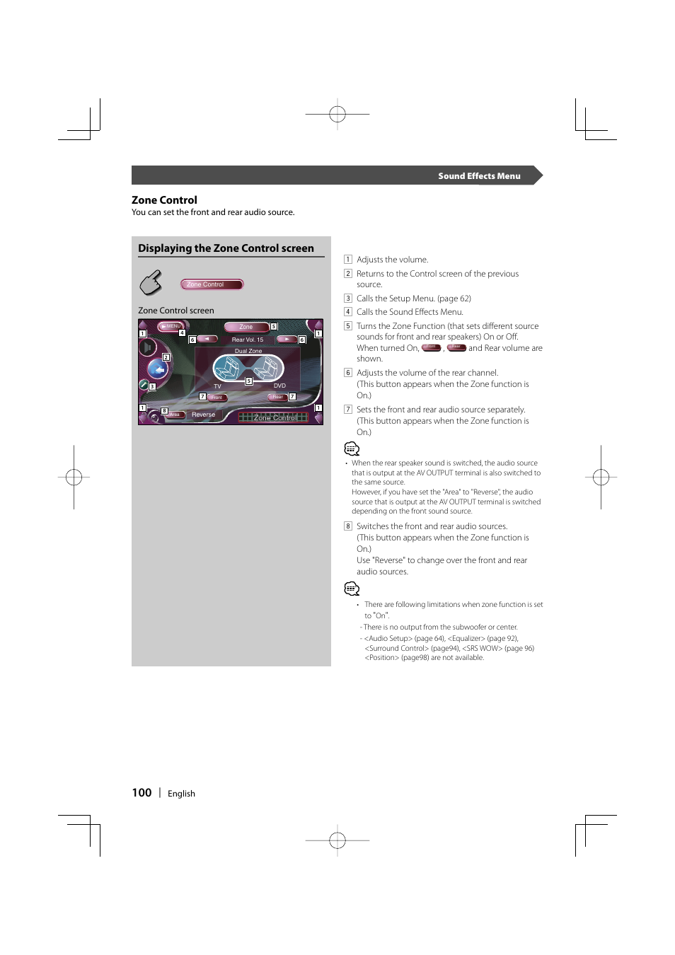 Zone control, Displaying the zone control screen | Kenwood Excelon KVT-817DVD User Manual | Page 100 / 112