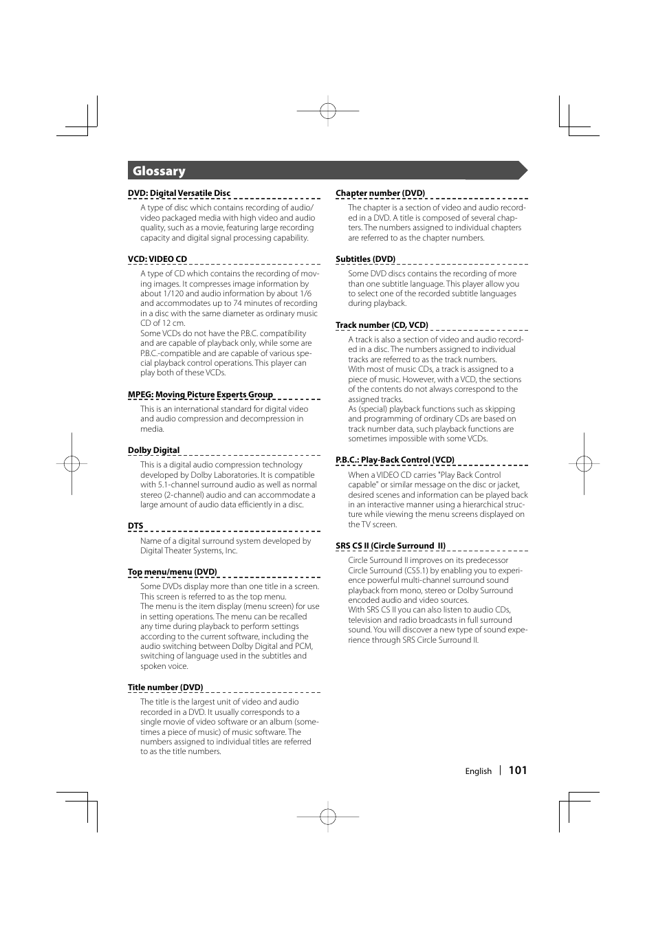 Glossary | Kenwood Excelon KVT-817DVD User Manual | Page 101 / 112