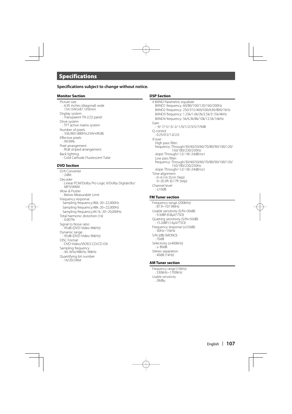 Specifications | Kenwood Excelon KVT-817DVD User Manual | Page 107 / 112