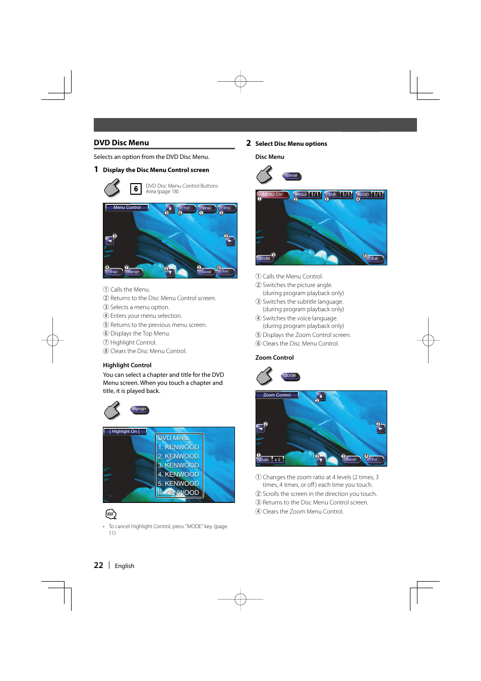 Dvd disc menu | Kenwood Excelon KVT-817DVD User Manual | Page 22 / 112