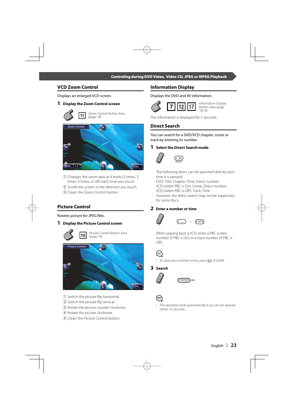 Vcd zoom control, Picture control, Information display | Direct search | Kenwood Excelon KVT-817DVD User Manual | Page 23 / 112