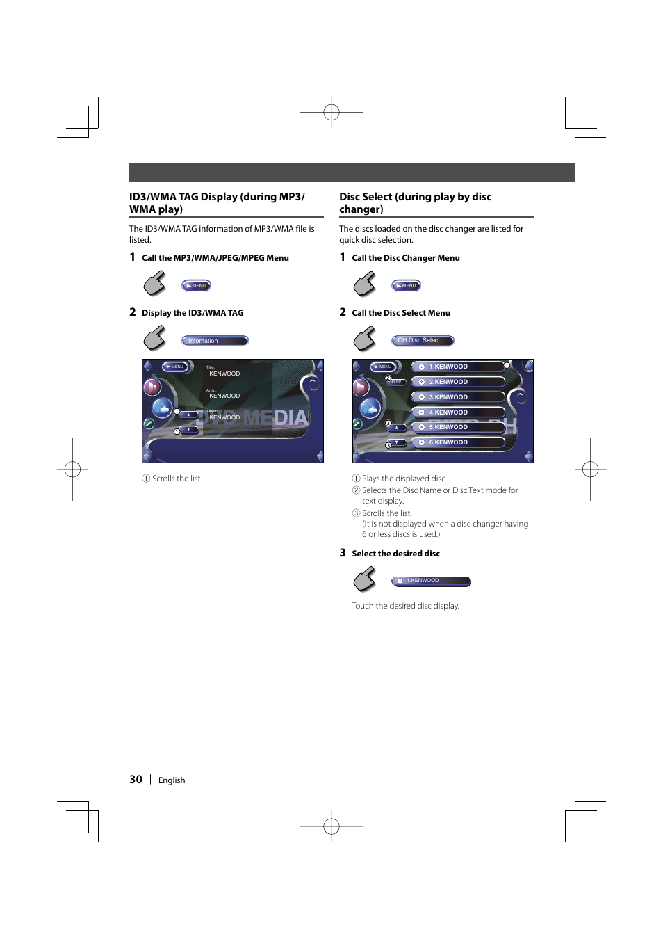 Disc ch, Id3/wma tag display (during mp3/ wma play), Disc select (during play by disc changer) | Kenwood Excelon KVT-817DVD User Manual | Page 30 / 112