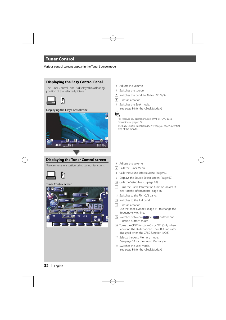 Tuner, Tuner control, Displaying the easy control panel | Displaying the tuner control screen | Kenwood Excelon KVT-817DVD User Manual | Page 32 / 112