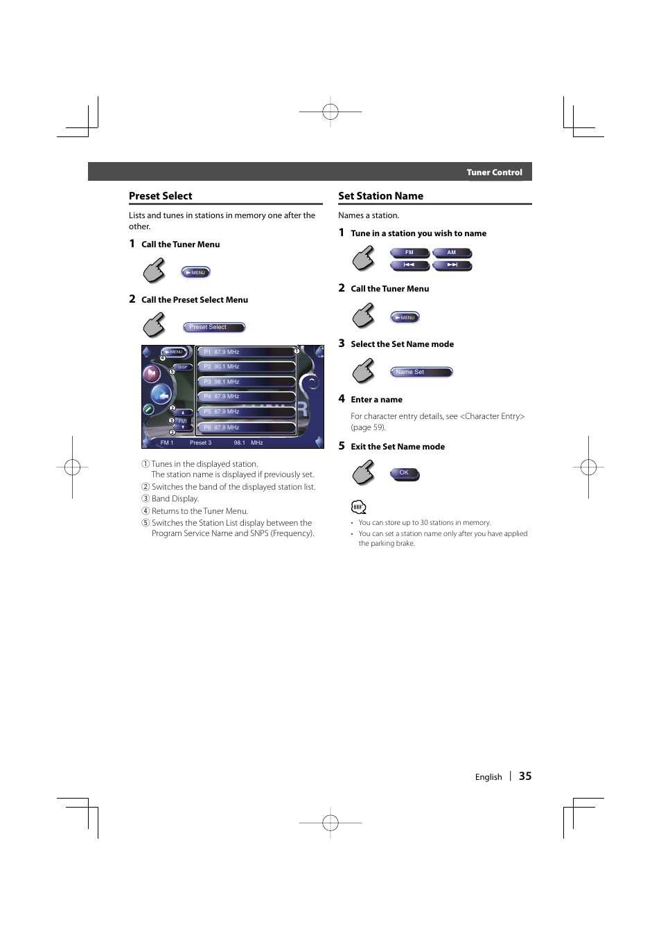 Tuner, Preset select, Set station name | Kenwood Excelon KVT-817DVD User Manual | Page 35 / 112