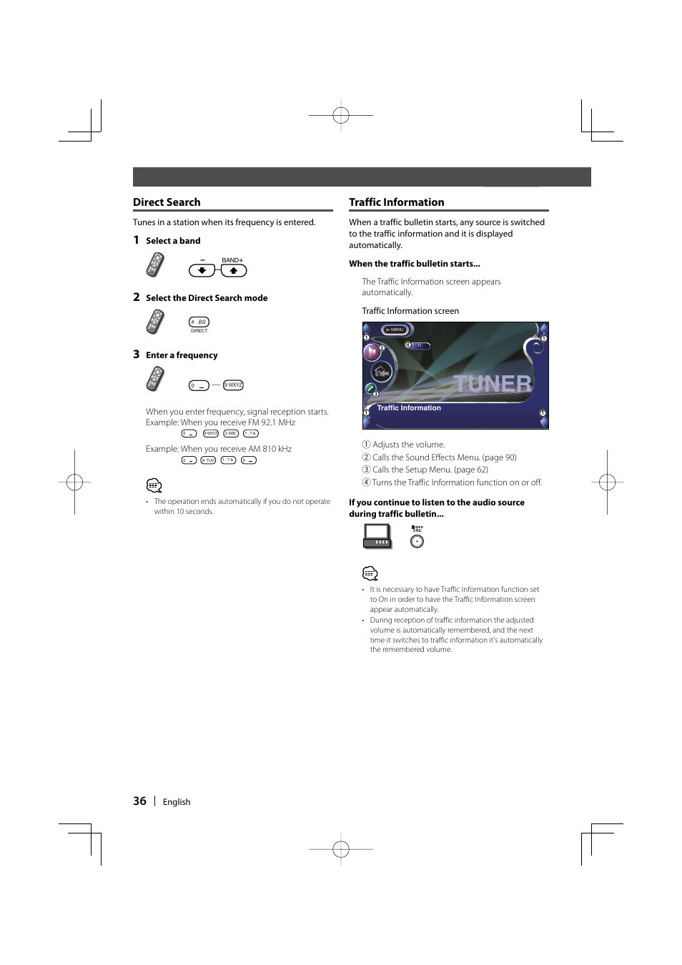 Tuner, Direct search, Traffic information | Kenwood Excelon KVT-817DVD User Manual | Page 36 / 112